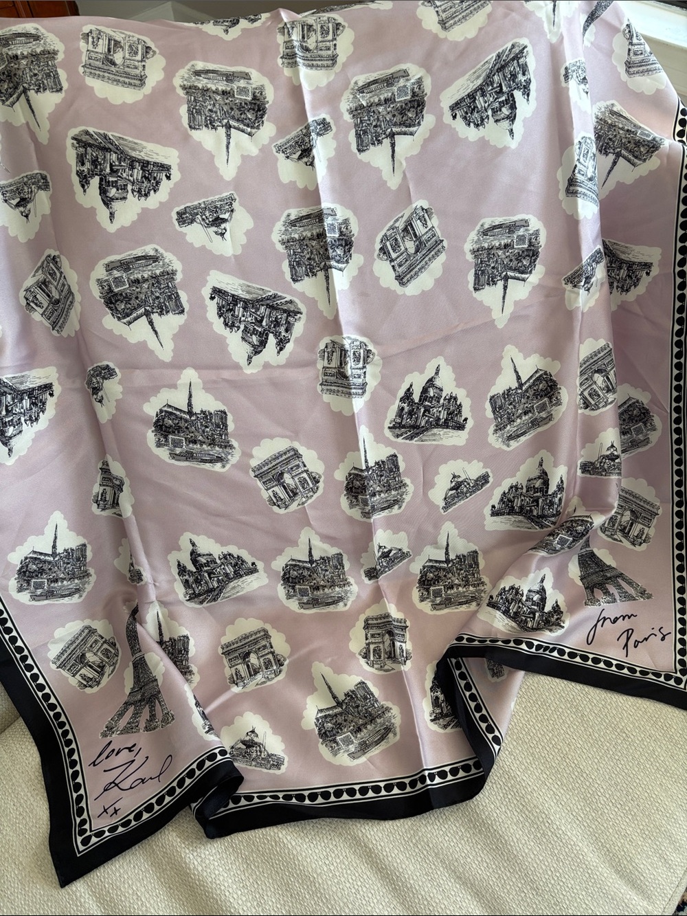 Vintage Silk Karl Lagerfeld Purple and Black Paris Love Scarf 35x35